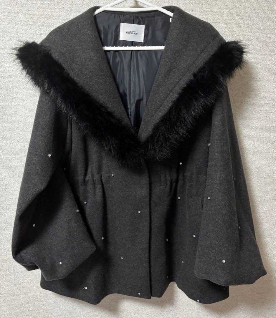 NICE CLAUP ナイスクラップ フードフェイクファービジューミドルコート