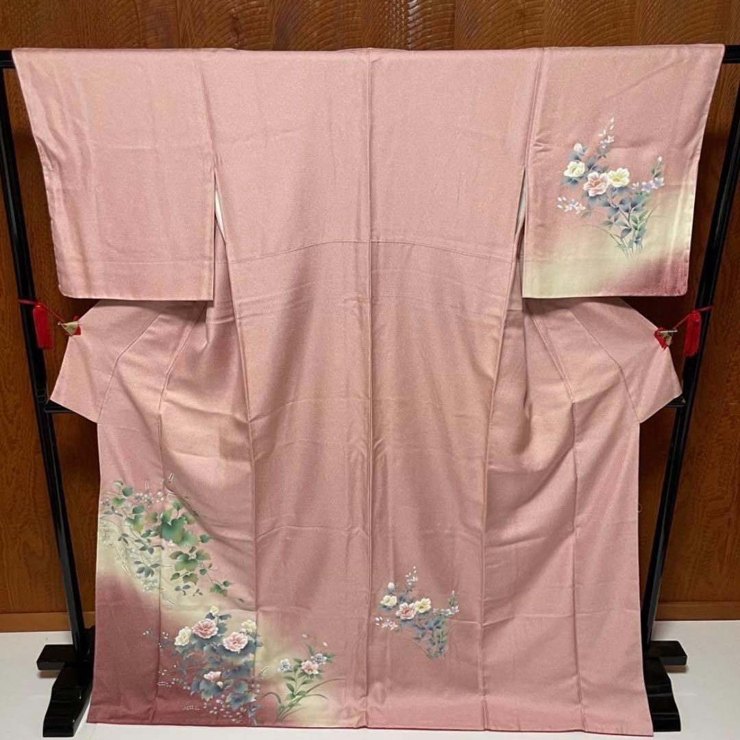 ぽ*ん様 付下げ 牡丹 萩 唐草文 正絹 裄67 トールサイズ v209