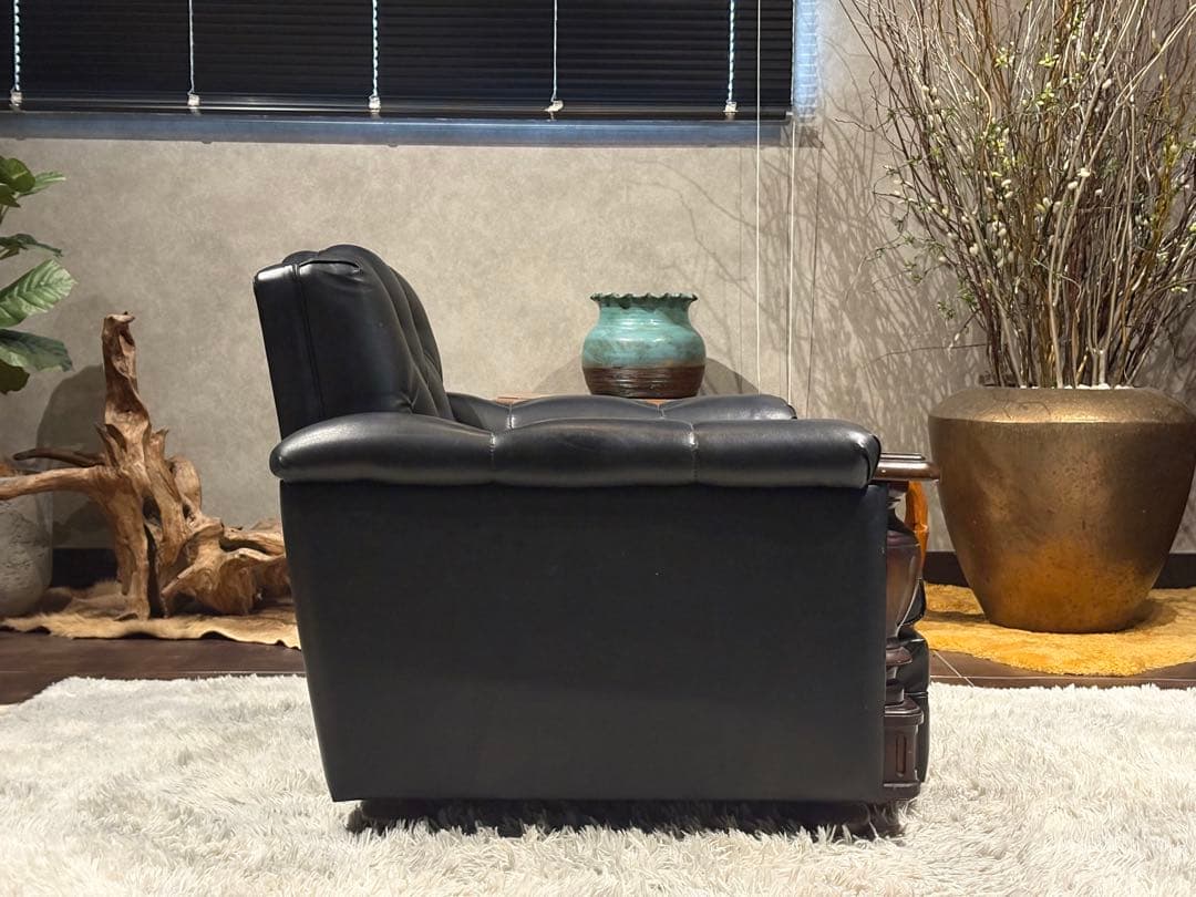 ①karimoku カリモク　レザーソファ　本革　リベット打ち　アンティーク　G