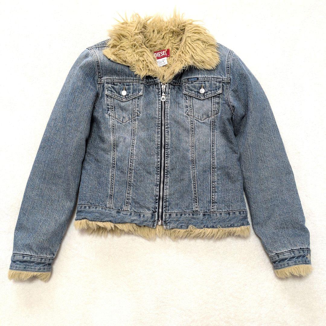 ディーゼル フリンジ風ファー付きデニムジャケット XL ブルー青 ユニセックス