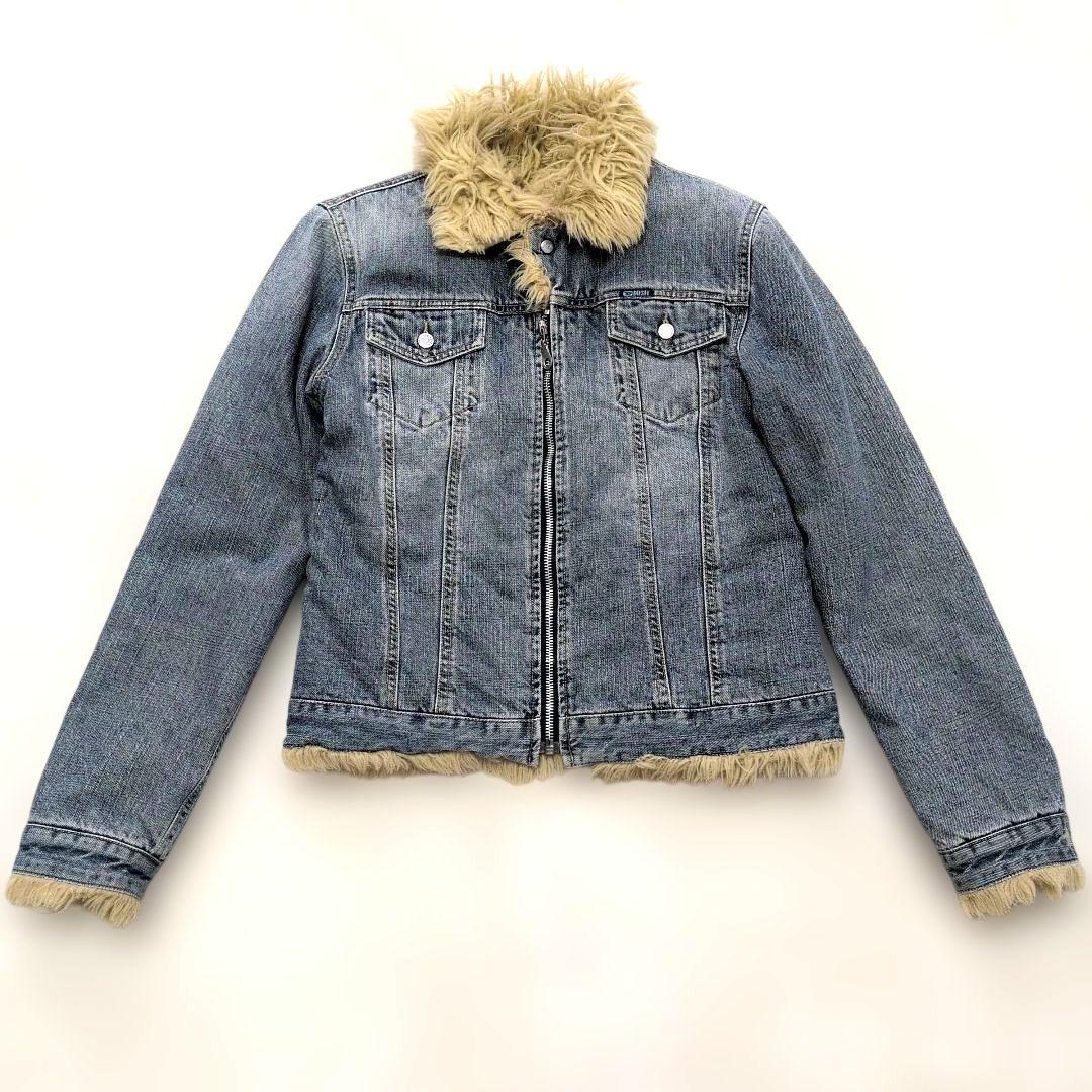 ディーゼル フリンジ風ファー付きデニムジャケット XL ブルー青 ユニセックス
