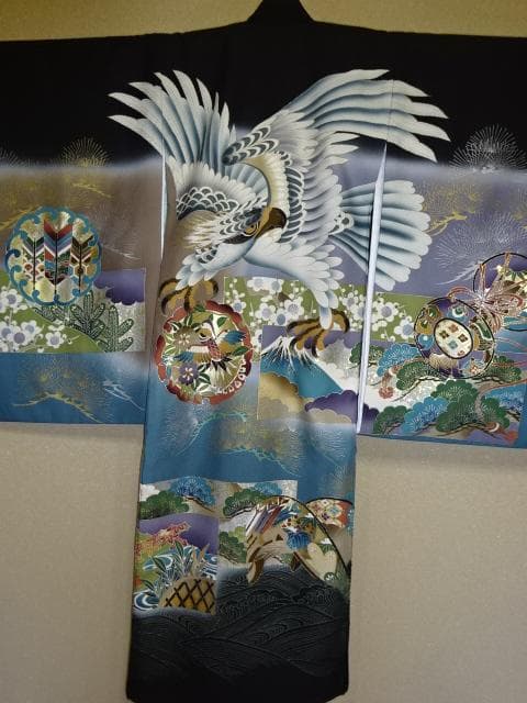 男児 お宮詣り　紋なし　産着一つ身着物　鷹