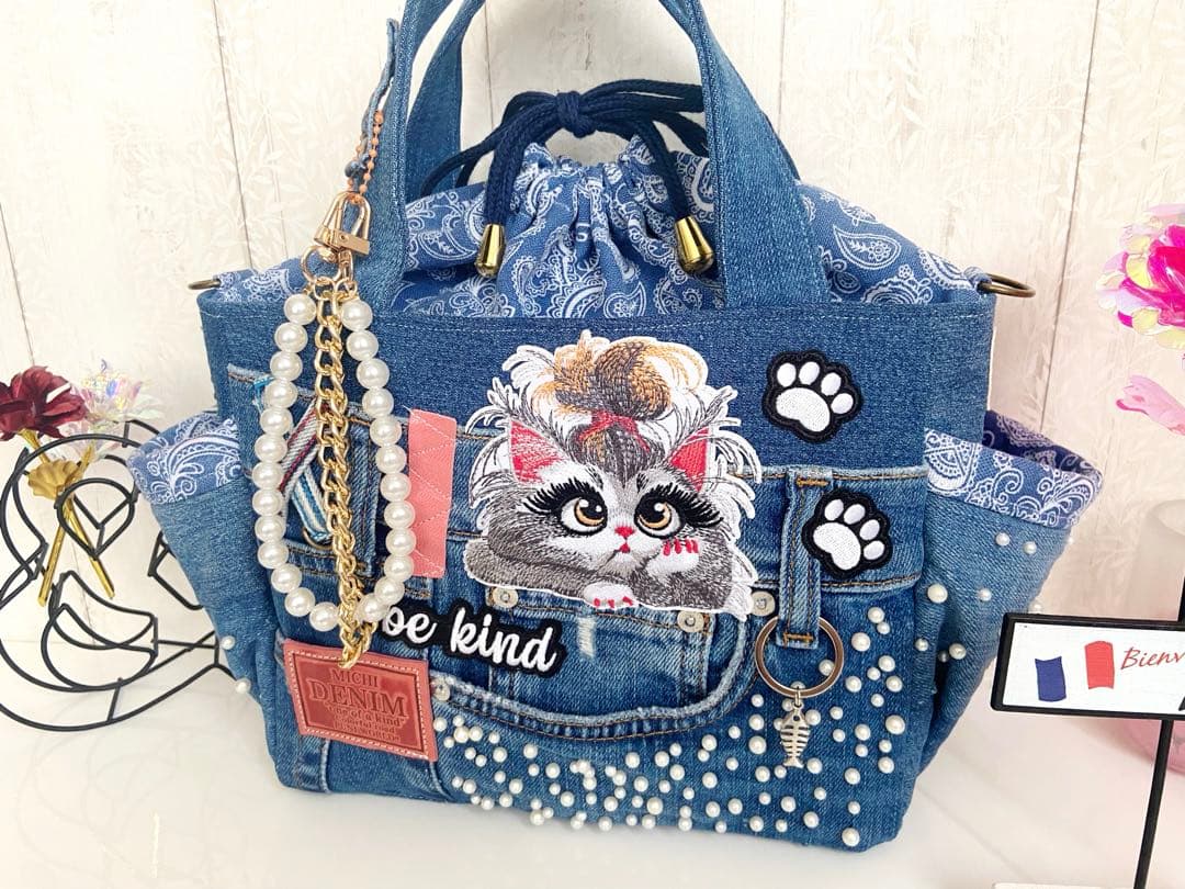 デニムリメイクバックS パールデニム×猫