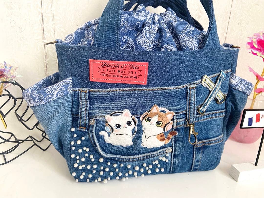 デニムリメイクバックS パールデニム×猫