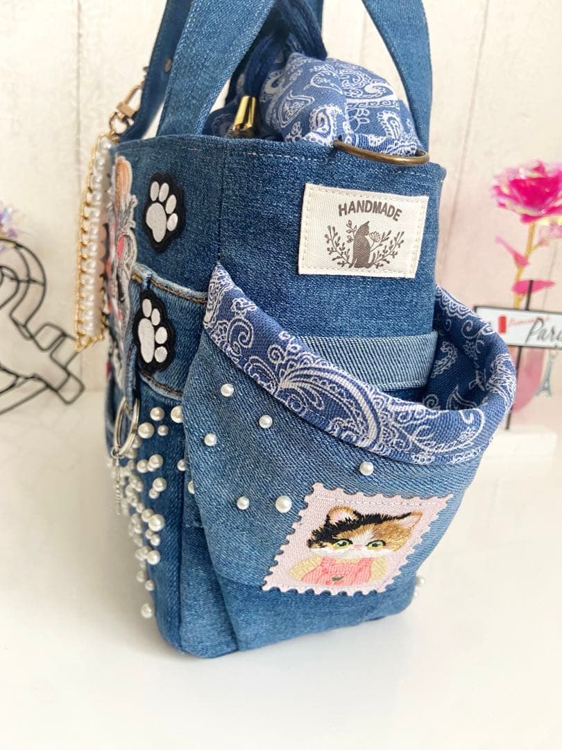 デニムリメイクバックS パールデニム×猫