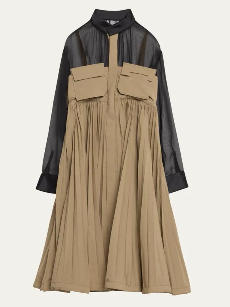 Sacai シアー プリーツ ワンピース ミリタリー ワーク ベージュ