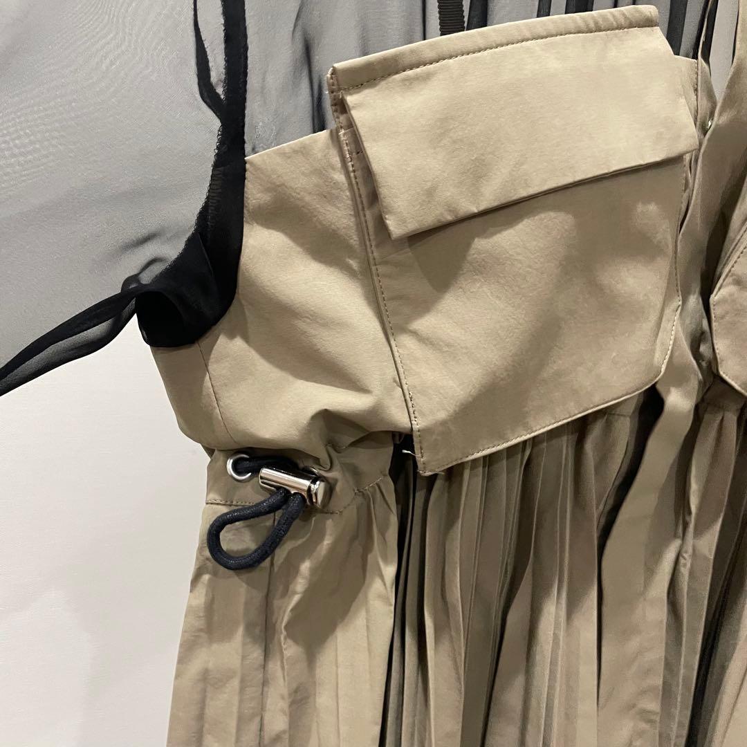 Sacai シアー プリーツ ワンピース ミリタリー ワーク ベージュ