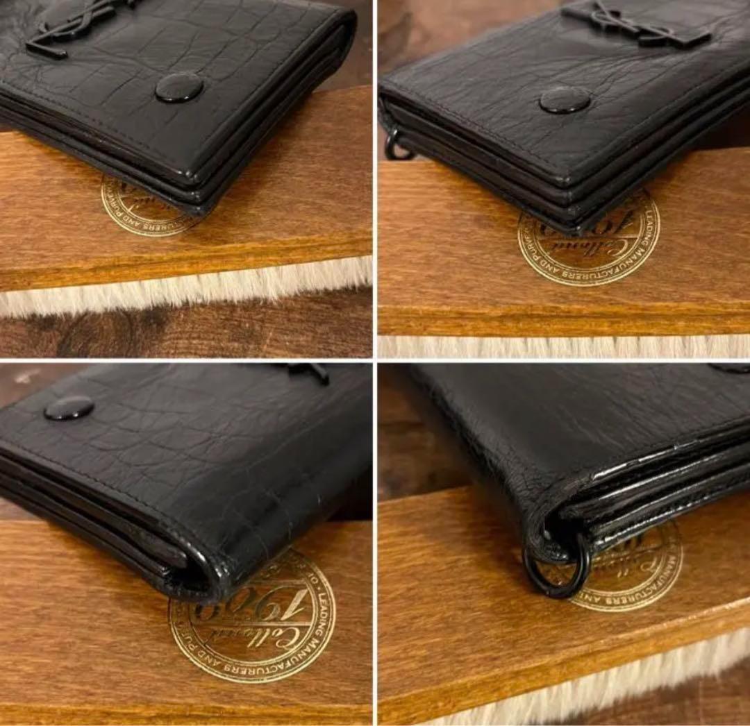 イヴサンローラン ウォレットチェーン　クロコ 長財布 ブラック