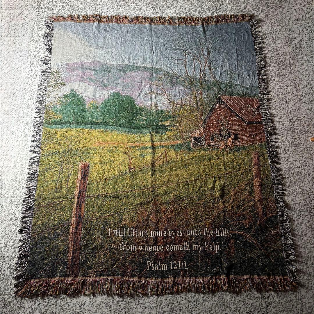 【90sオールド】風景画　フリンジ付き　ヴィンテージラグ　タペストリー