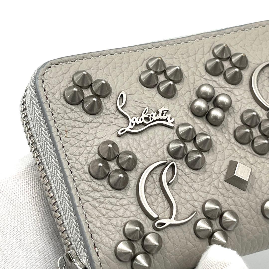 未使用保管品 クリスチャンルブタン ケース スタッズ レザー ロゴ グレー