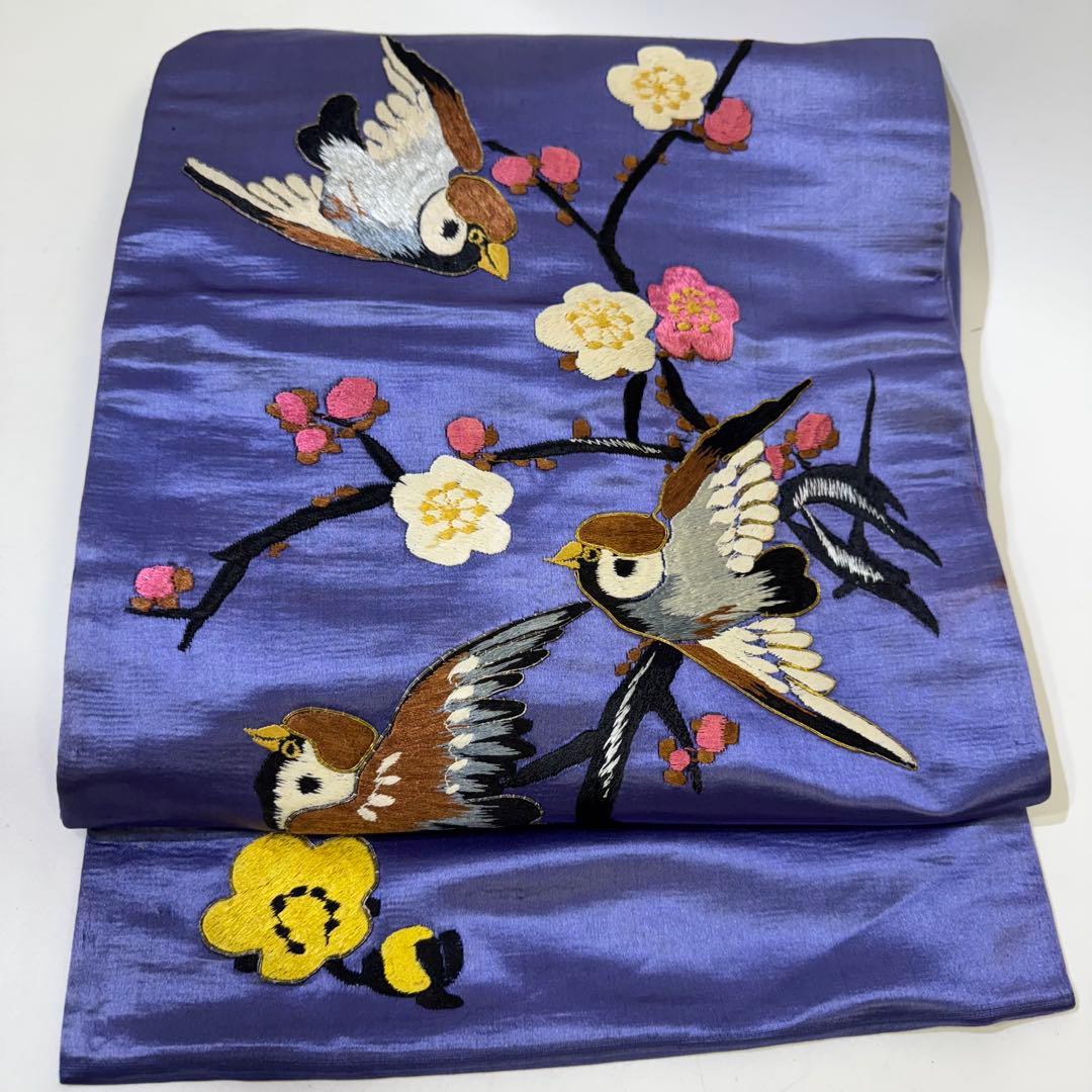 H*N様 雀　スズメ　アンティーク　名古屋帯　刺繍帯　紫　パープル　梅
