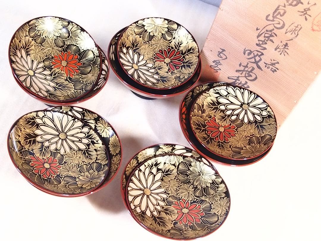 【良品】輪島塗 美術漆器 菊詰沈金 吸物椀5客 汁椀/お椀 輪島漆器商会 食器