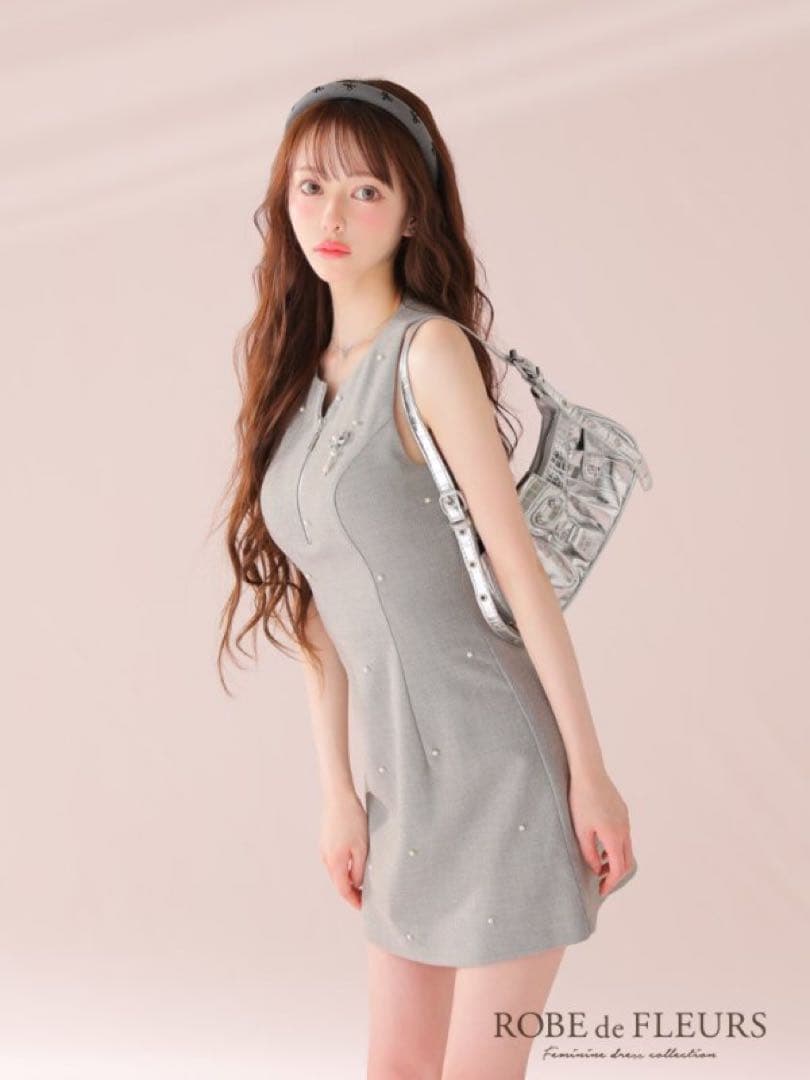 ローブドフルール キャバクラ ドレス ビジュー リボン グレー ワンピース