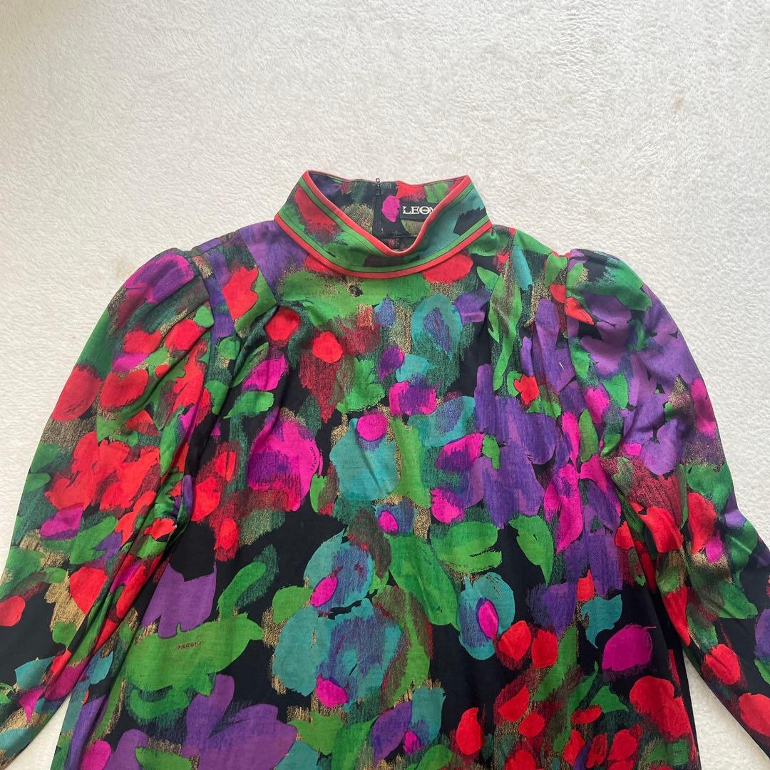 専用レオナール 花柄 水彩絵風 長袖 シルク ワンピース Mサイズ