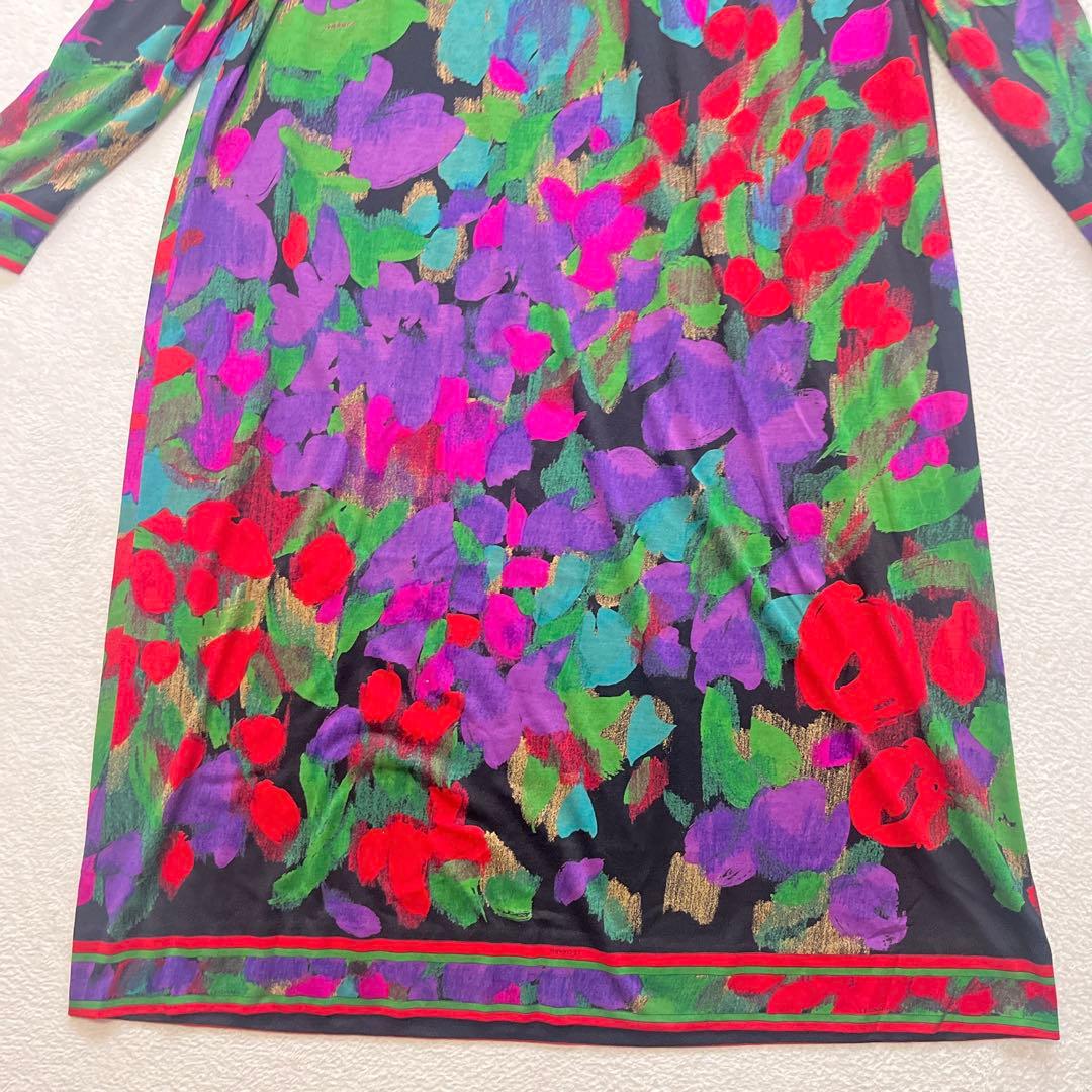 専用レオナール 花柄 水彩絵風 長袖 シルク ワンピース Mサイズ