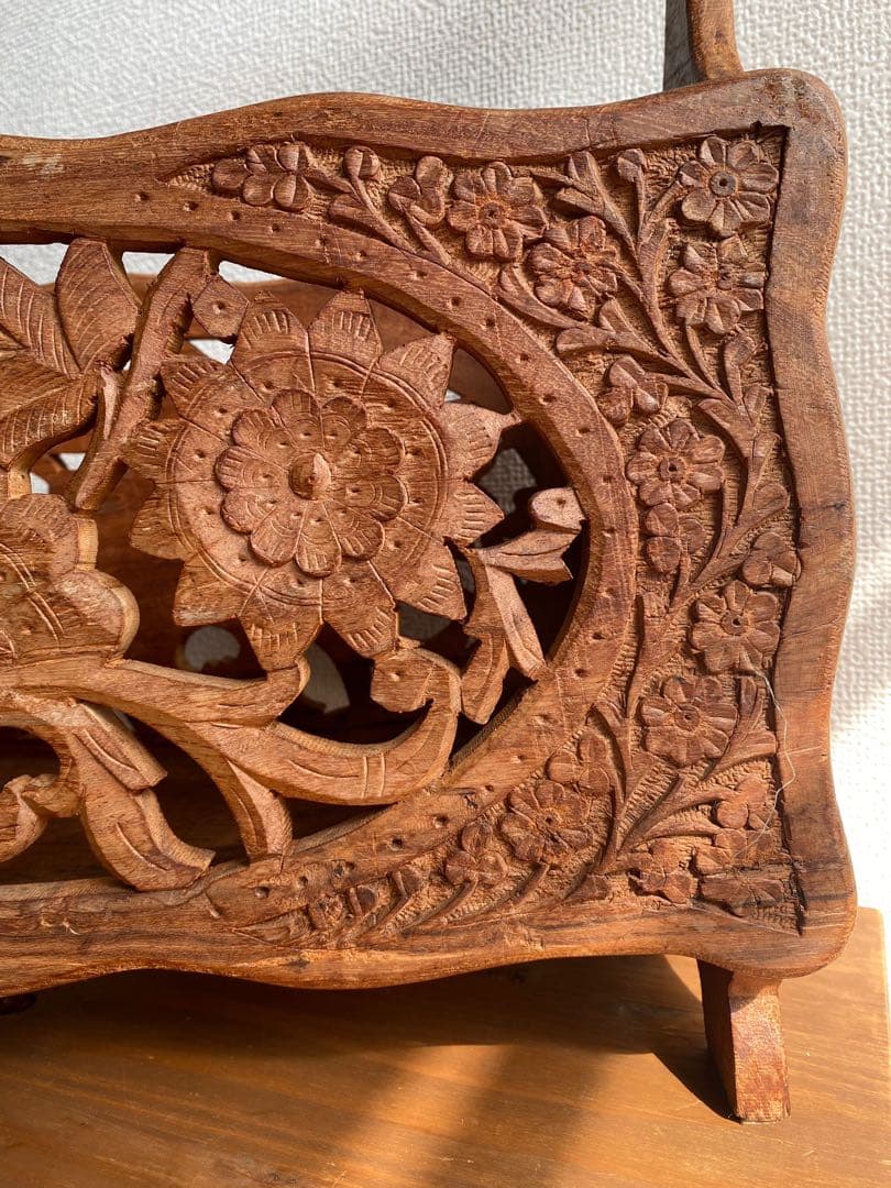 インド　アンティーク　木彫り　マガジンラック　天然木