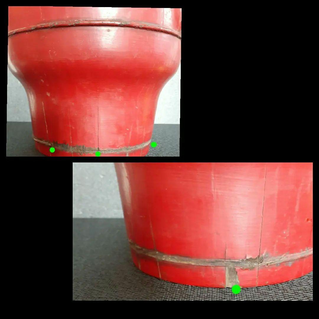 李朝漆器　朝鮮古民具　韓国古玩　朱漆塗り　手付き　透かし造　蝙蝠図　片口　手桶