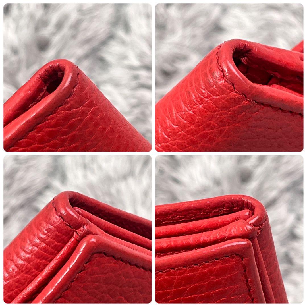 美品✨GUCCI ロゴプレート　シボレザー　長財布　　レッド　シルバー Wホック