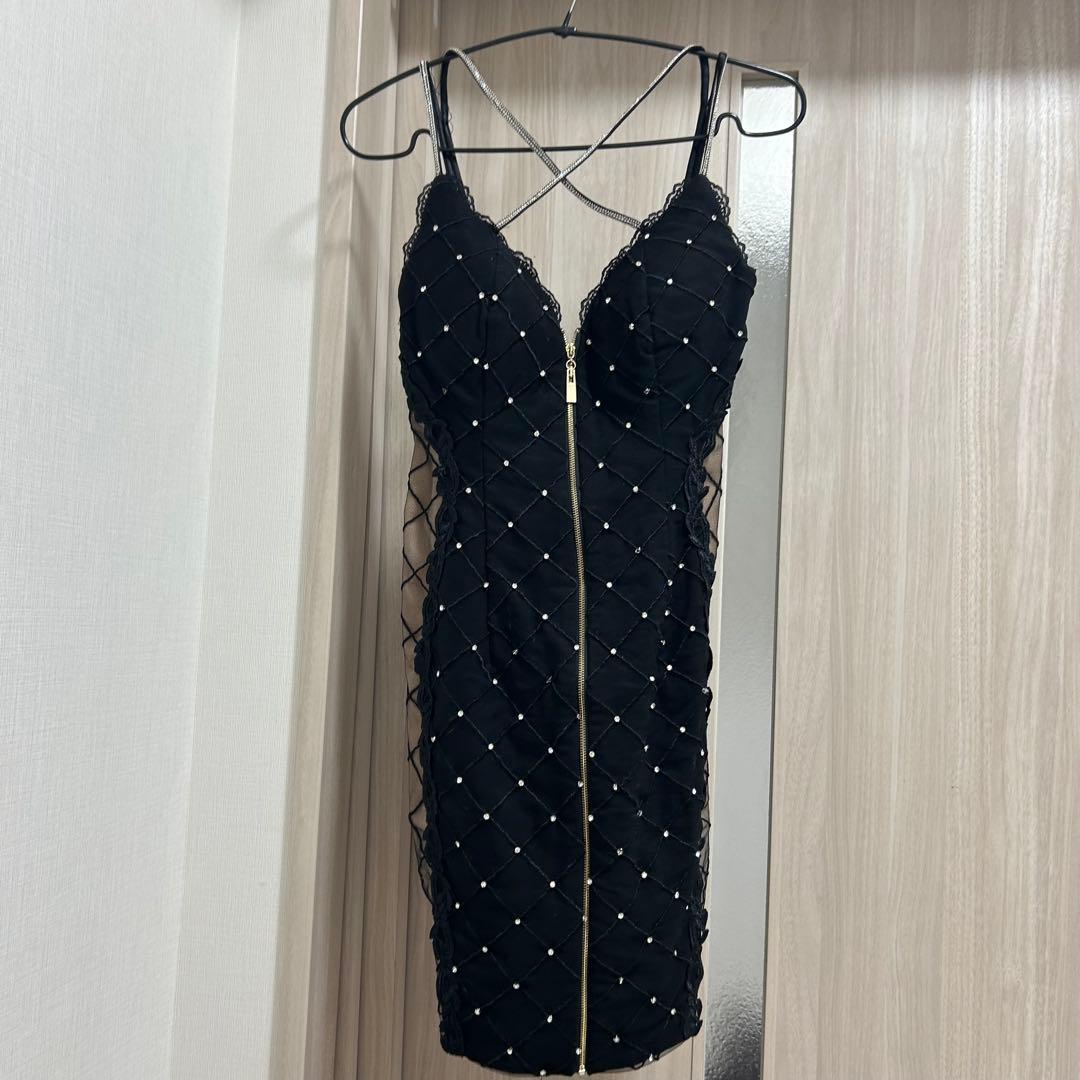 Robe de fleur glossy 黒 M パール装飾 キャバドレス