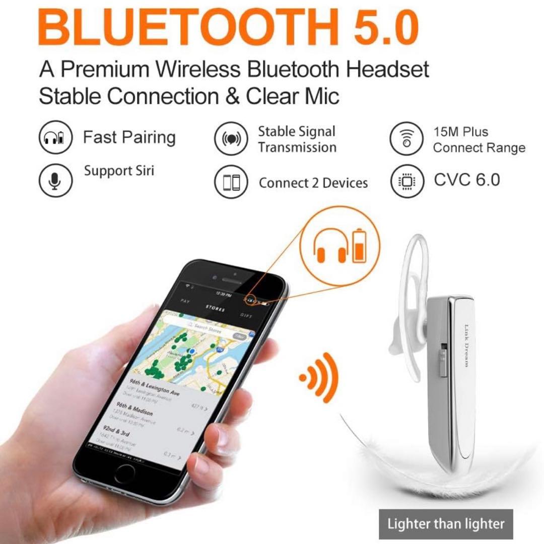 ヘッドセット　Bluetooth ワイヤレス　ハンズフリー通話　ホワイト　片耳