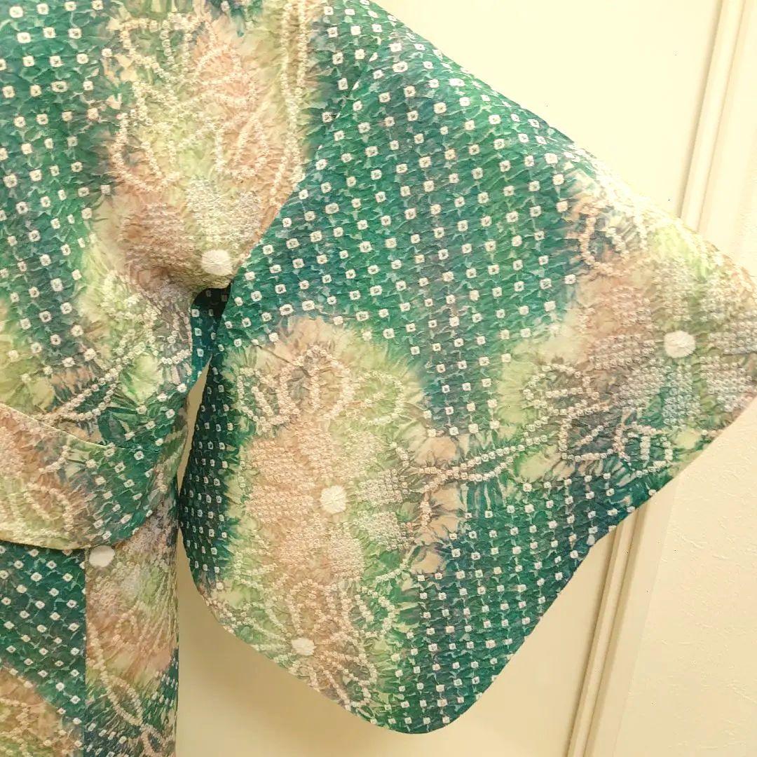 【有松絞り】総絞り 浴衣 深緑 グリーン 身丈155.5cm 裄丈63cm