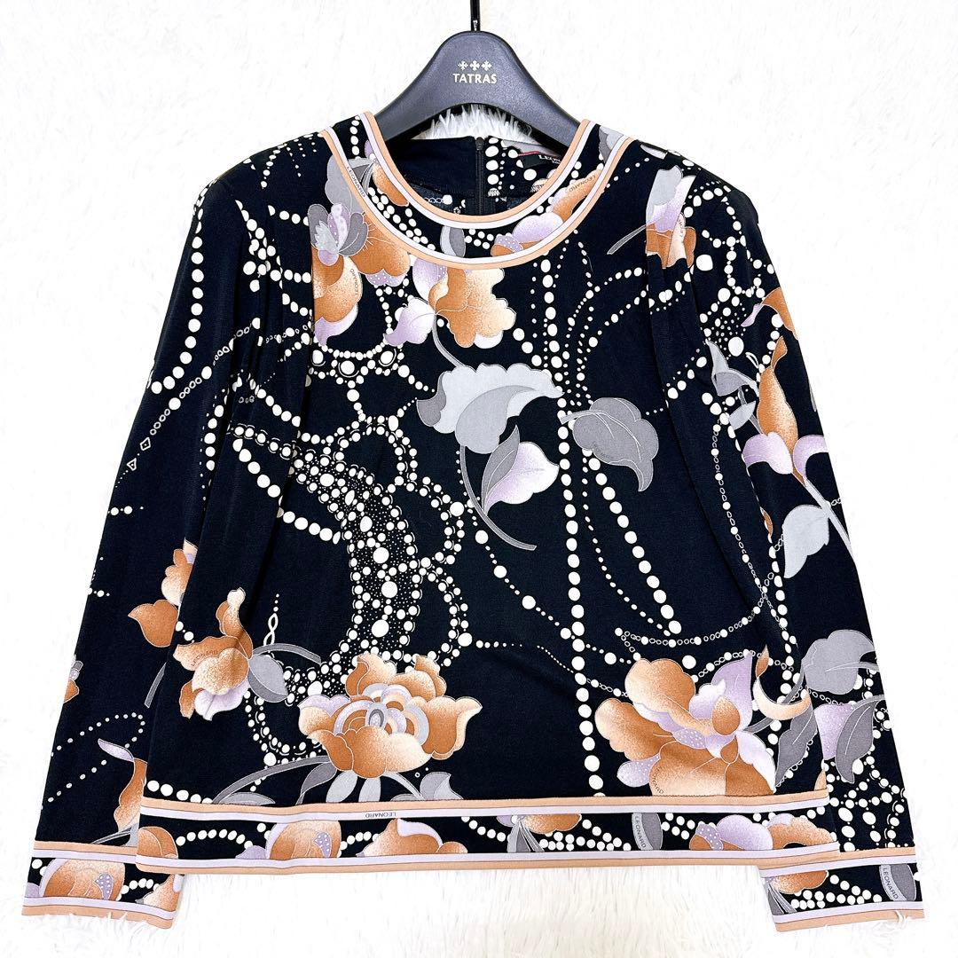 [美品] レオナール　高級✨カンカン　カットソー　花柄　チェーン　ブラック　40