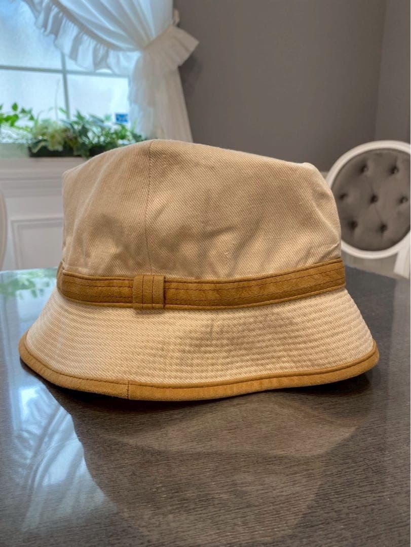 HERMES ベージュ キャメル　ハット 帽子　S エルメス　57 レザー　麻