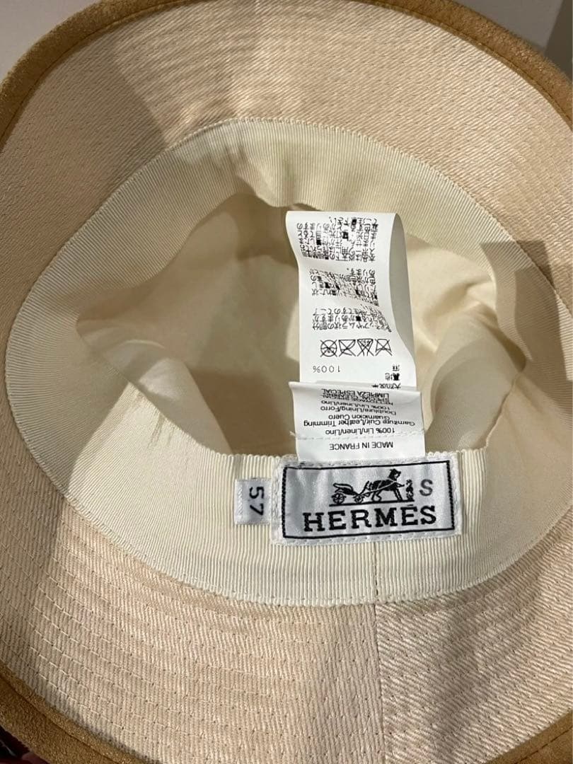 HERMES ベージュ キャメル　ハット 帽子　S エルメス　57 レザー　麻