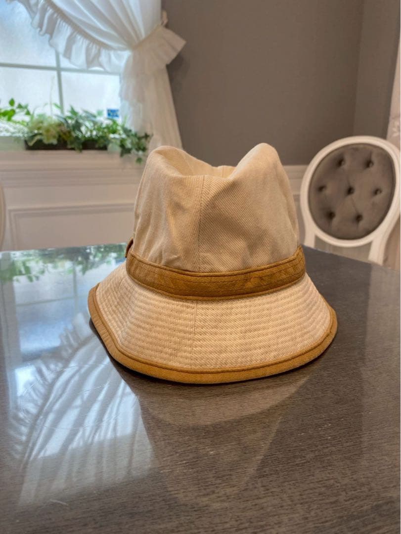 HERMES ベージュ キャメル　ハット 帽子　S エルメス　57 レザー　麻