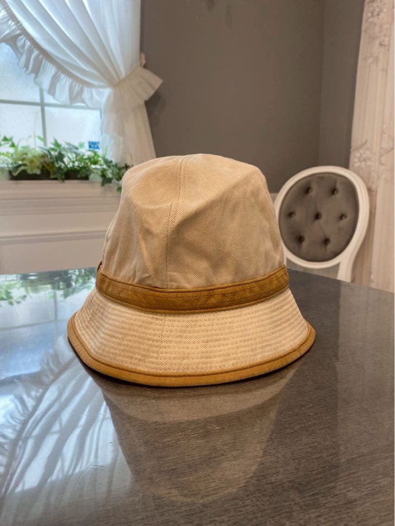 HERMES ベージュ キャメル　ハット 帽子　S エルメス　57 レザー　麻