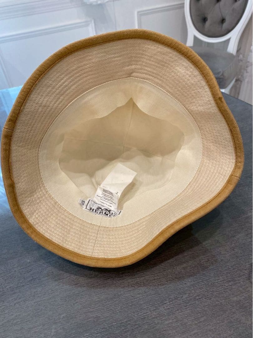 HERMES ベージュ キャメル　ハット 帽子　S エルメス　57 レザー　麻