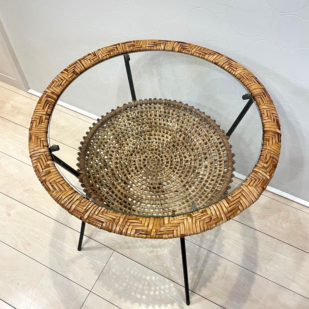 【美品】ラタン ガラス天板 サイドテーブル 照明付き 間接照明 籐家具 アジアン