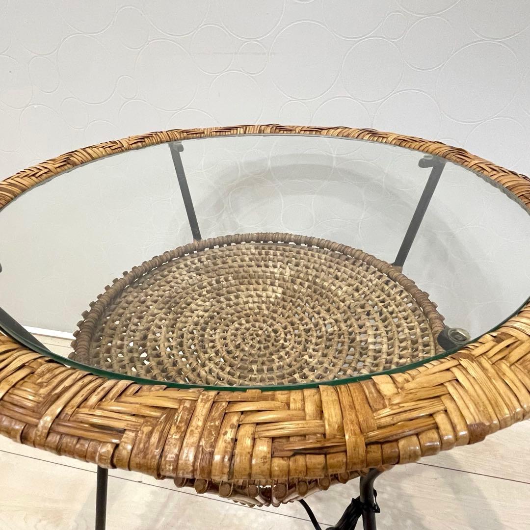 【美品】ラタン ガラス天板 サイドテーブル 照明付き 間接照明 籐家具 アジアン