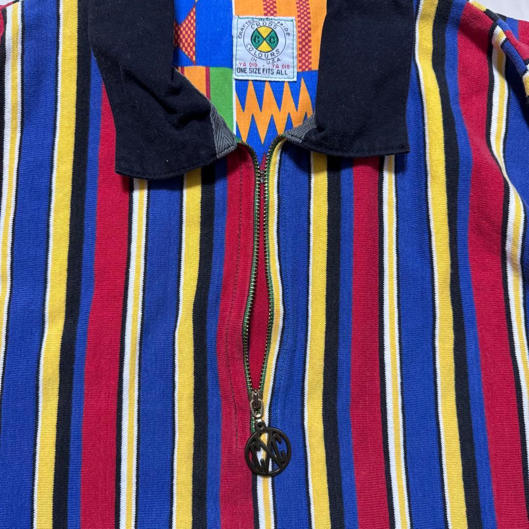 CROSS COLOURS ストライプシャツ ラスタ ジップアップ 2pac