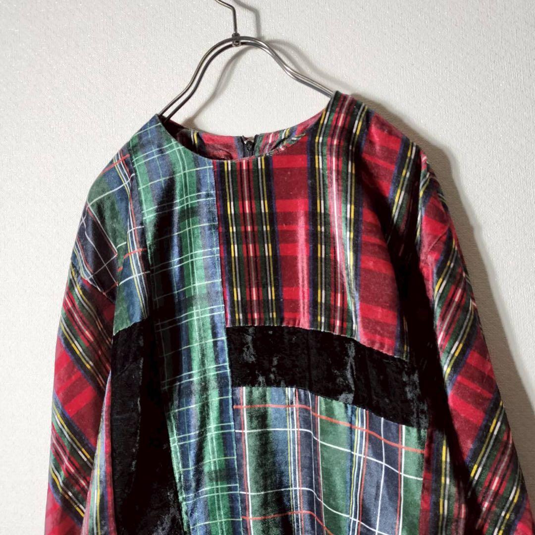 AD1999 コムデギャルソン ロングワンピース チェック柄 ベロア 長袖