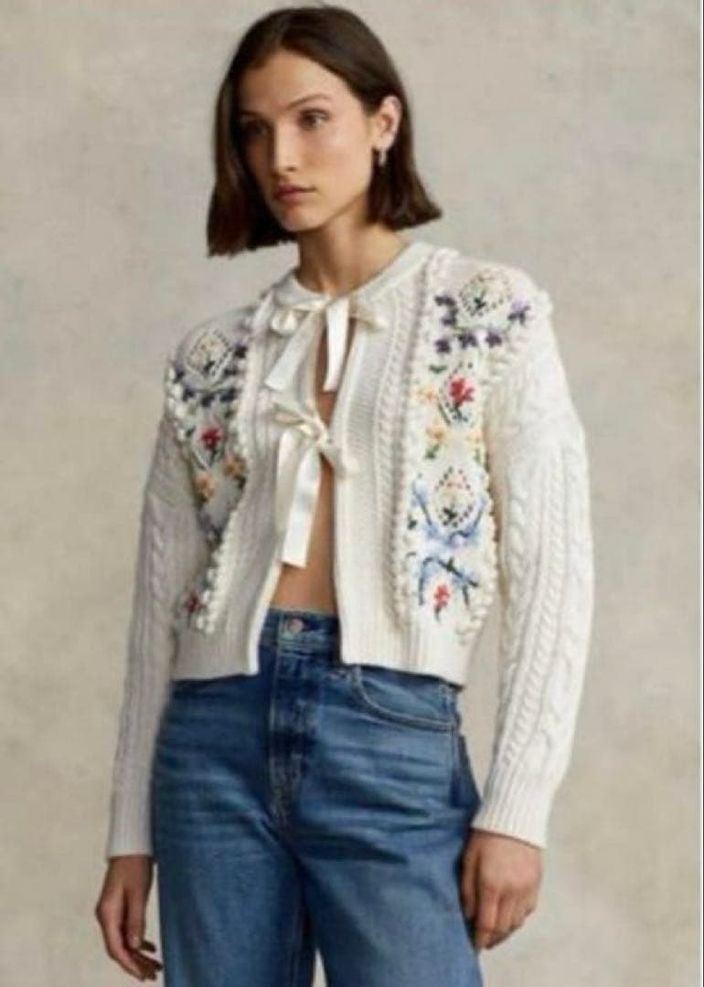 新品タグ付き♡ラルフローレン♡刺繍　リボン　ケーブル ウールブレンドカーディ