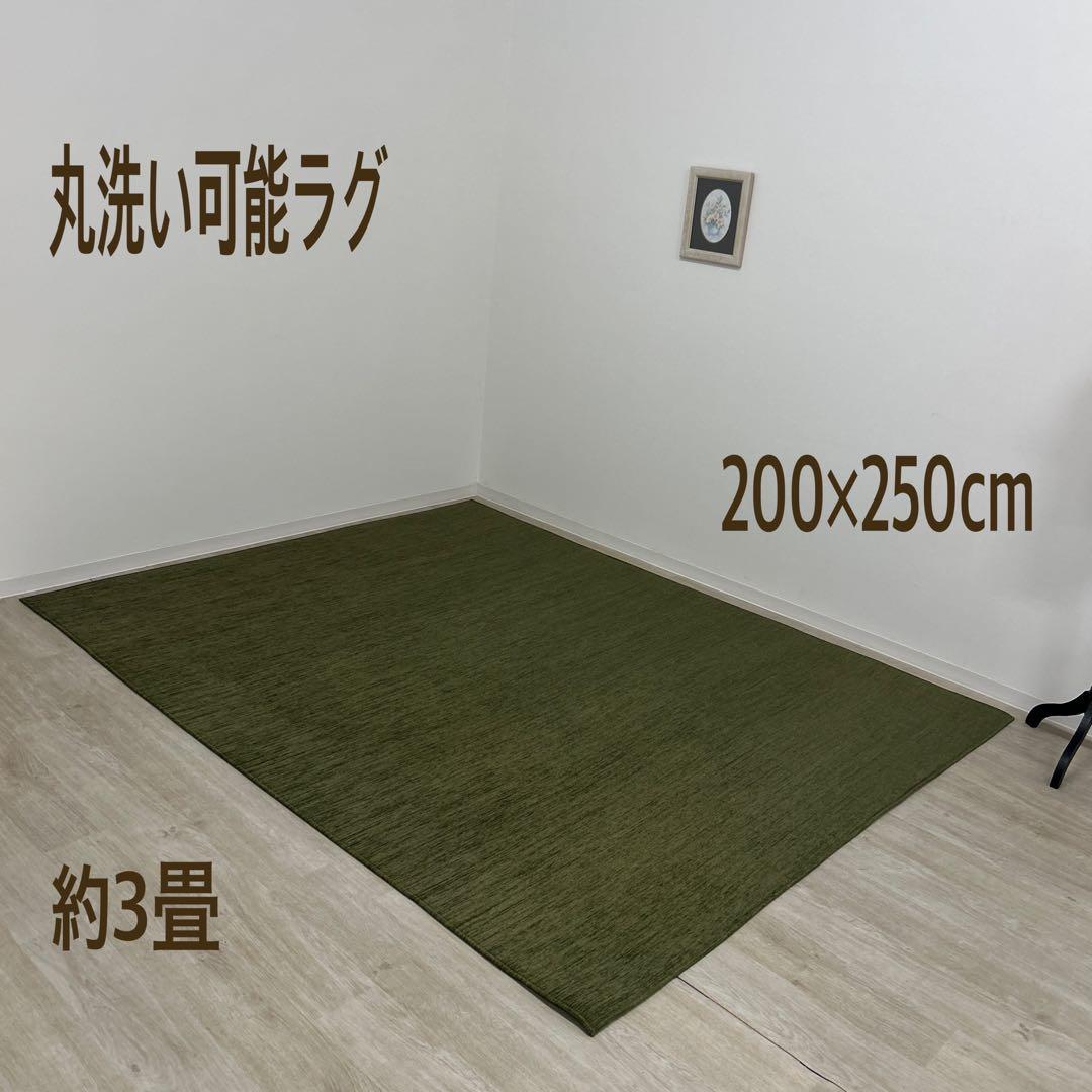 おすし新品☆丸洗い出来るラグ 200×250cm グリーン色 敷ラグ