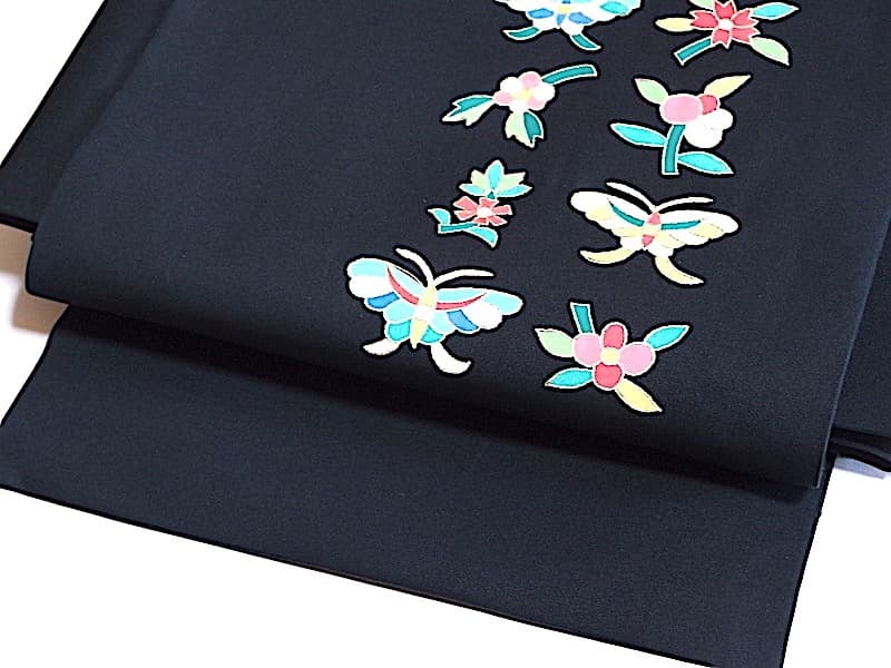 三越誂　塩瀬名古屋帯（花と蝶文）長368　正絹美品