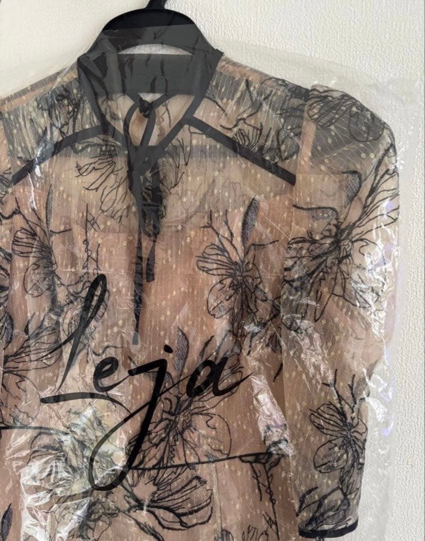 LEJA 花柄フロントバックリボンパフスリーブマーメイドロングワンピースドレス