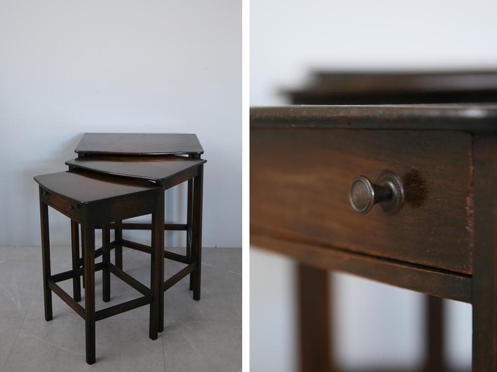 英国アンティーク木製ネストテーブル3台/収納式机/飾り棚/花台(92-227)