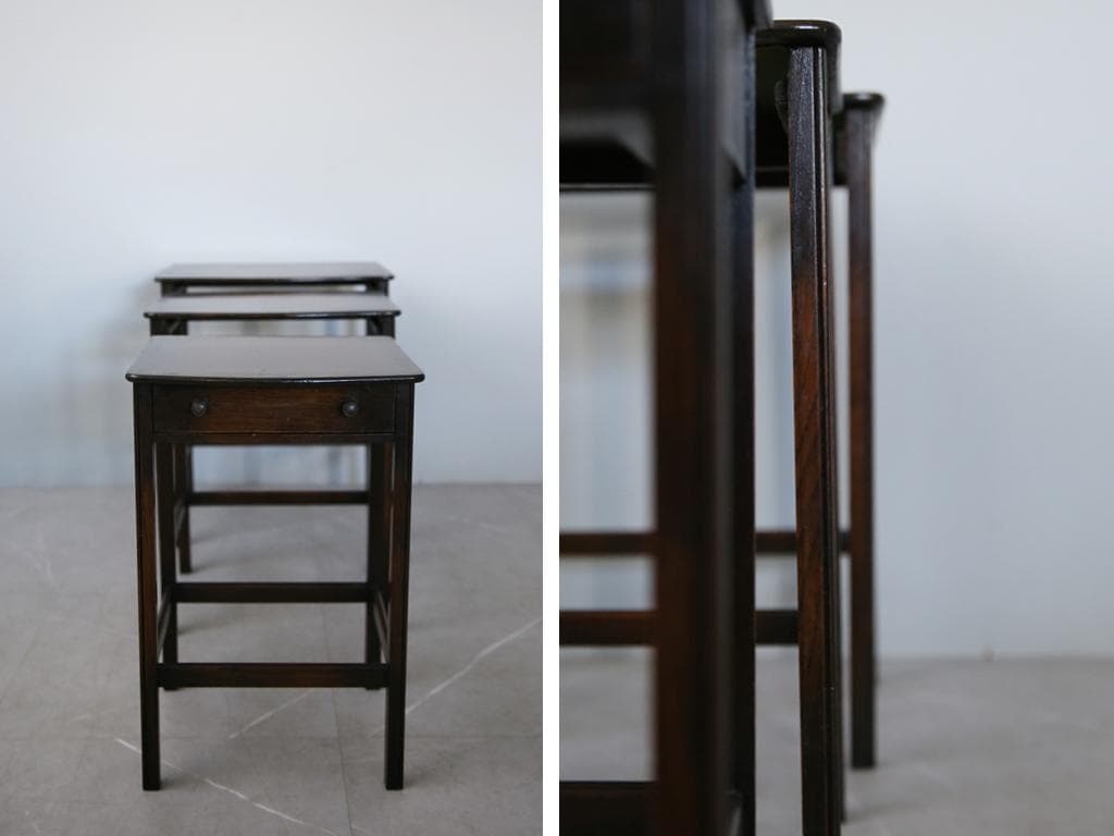 英国アンティーク木製ネストテーブル3台/収納式机/飾り棚/花台(92-227)