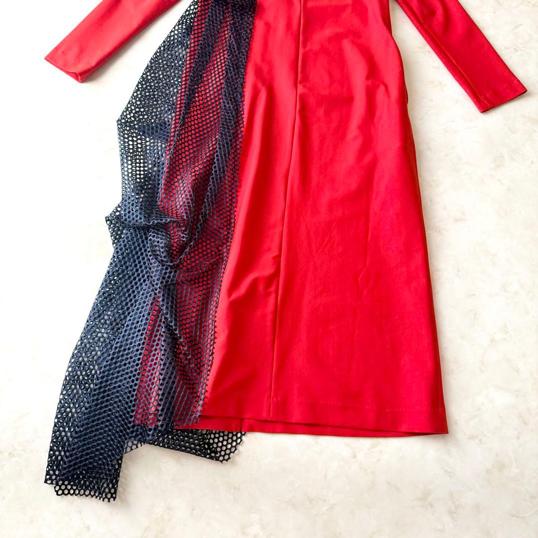 美品UN3D. アシンメトリー ドレープ ワンピース レッド 38 アンスリード