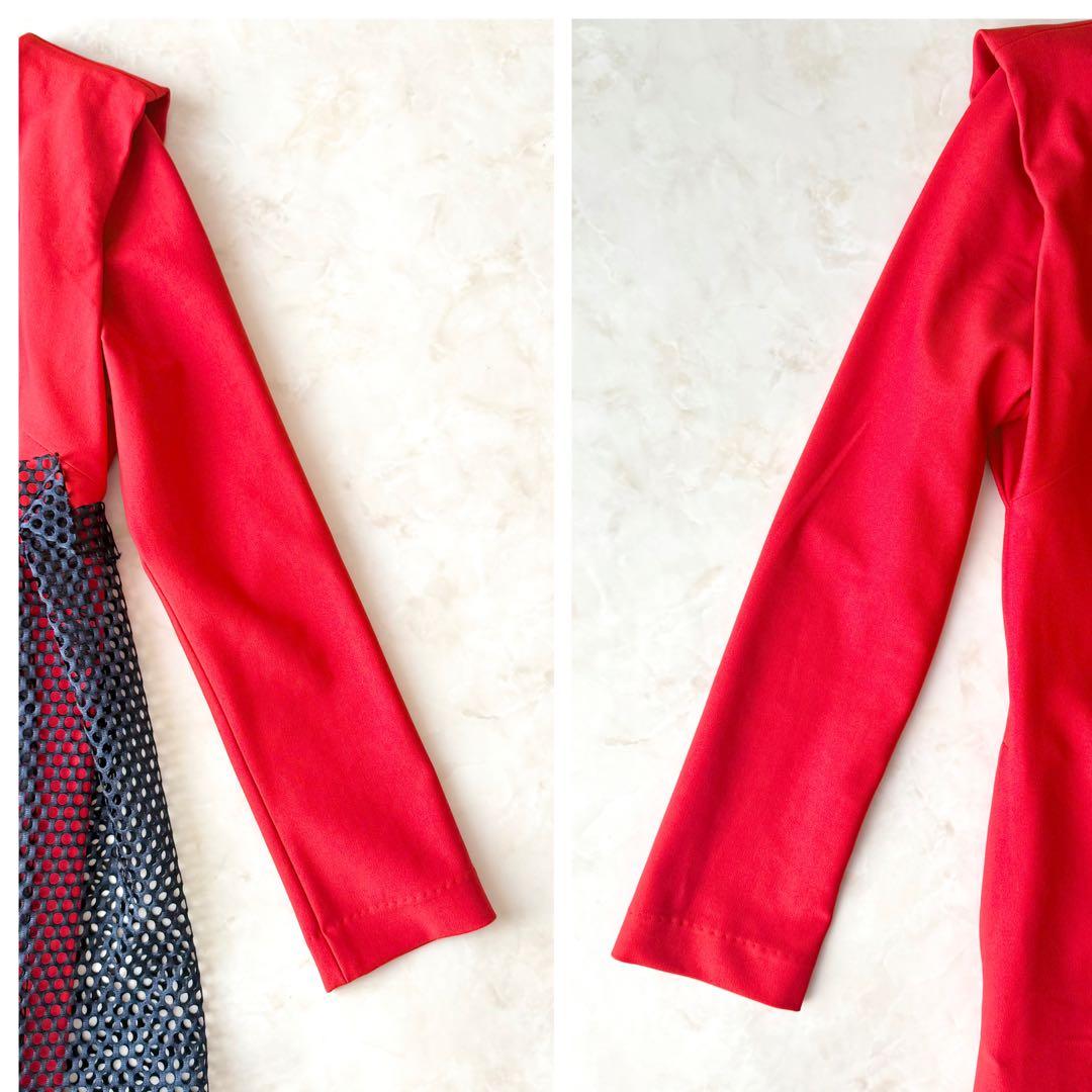 美品UN3D. アシンメトリー ドレープ ワンピース レッド 38 アンスリード