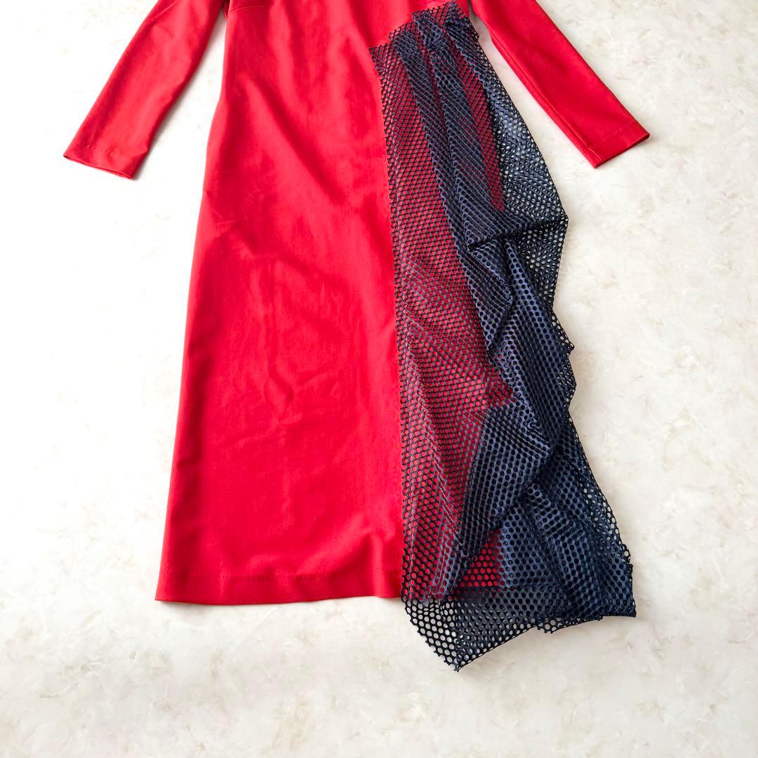 美品UN3D. アシンメトリー ドレープ ワンピース レッド 38 アンスリード