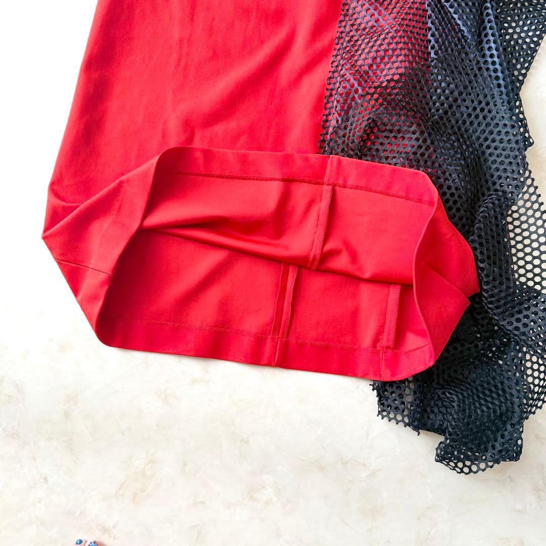 美品UN3D. アシンメトリー ドレープ ワンピース レッド 38 アンスリード