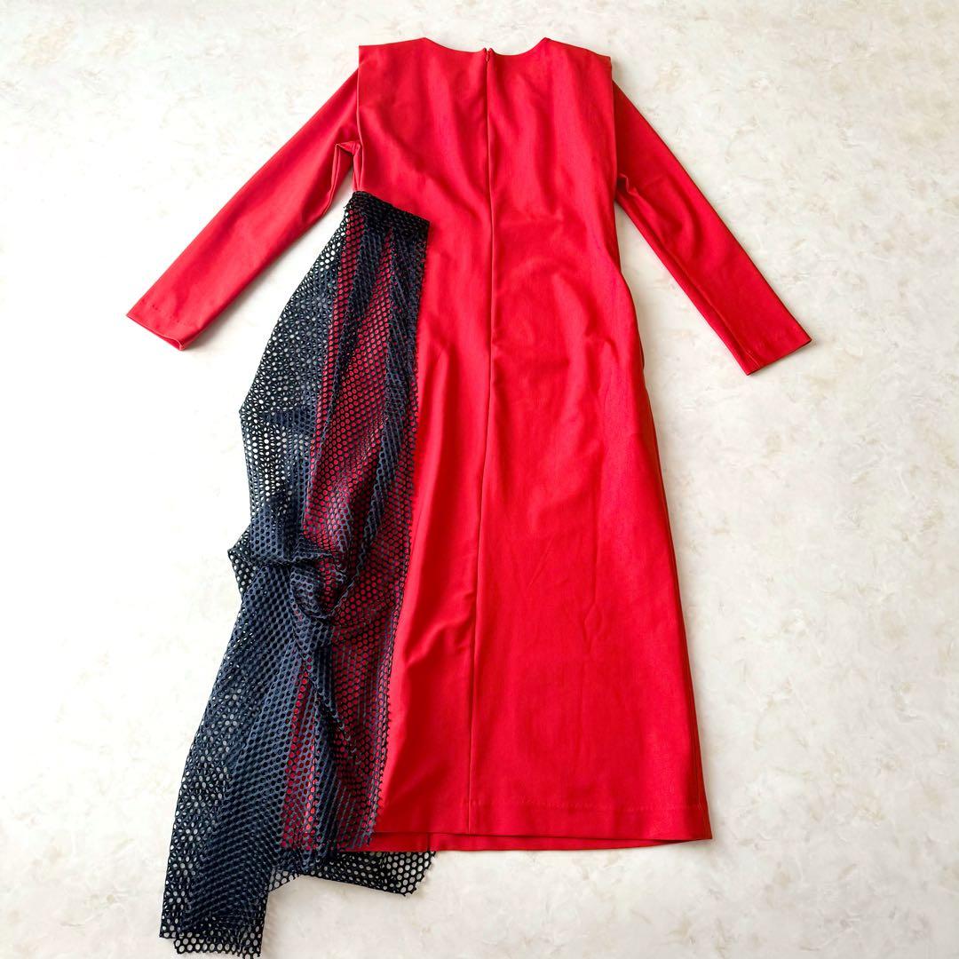 美品UN3D. アシンメトリー ドレープ ワンピース レッド 38 アンスリード