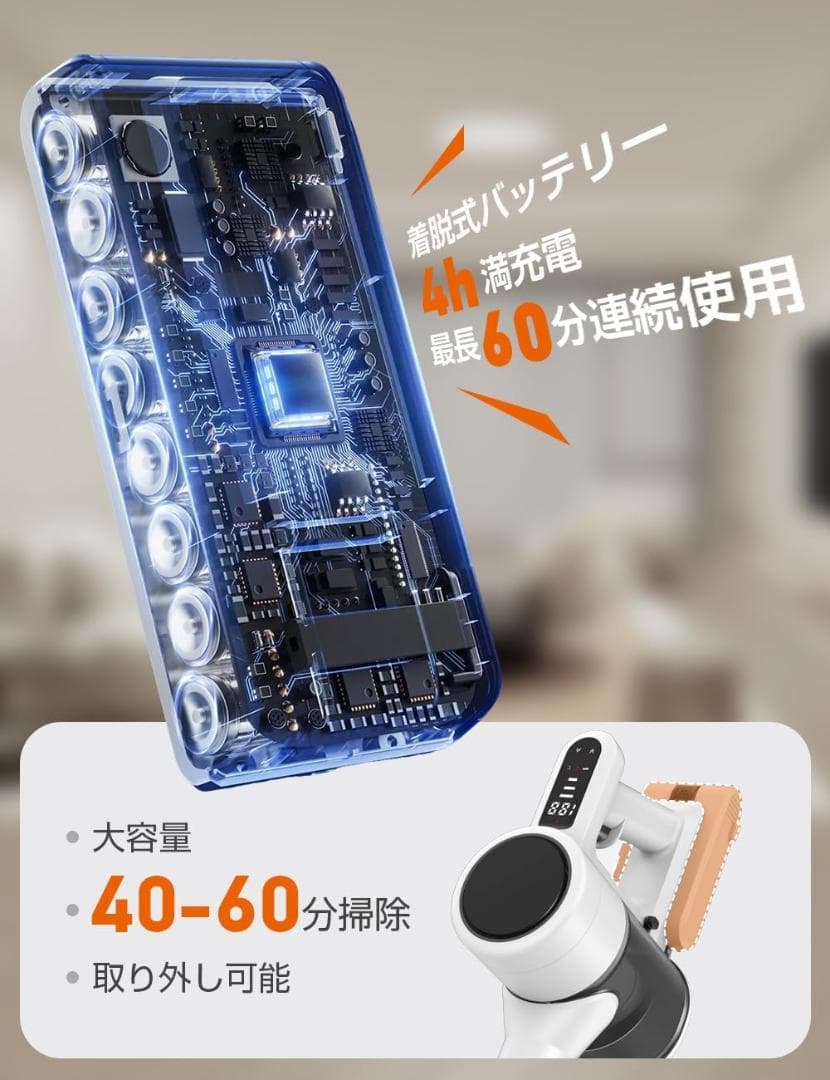 掃除機 コードレス 65Kpa強力吸引 収納充電スタント付き サイクロン式