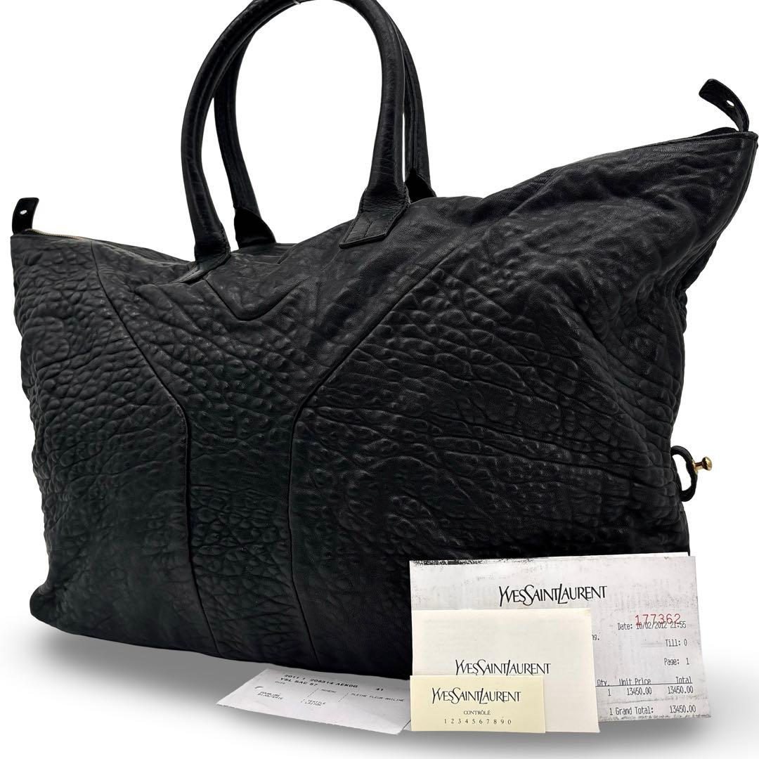 極美品】イブサンローラン ボストンバッグ　トートバッグ　型押し 　ロゴ　革