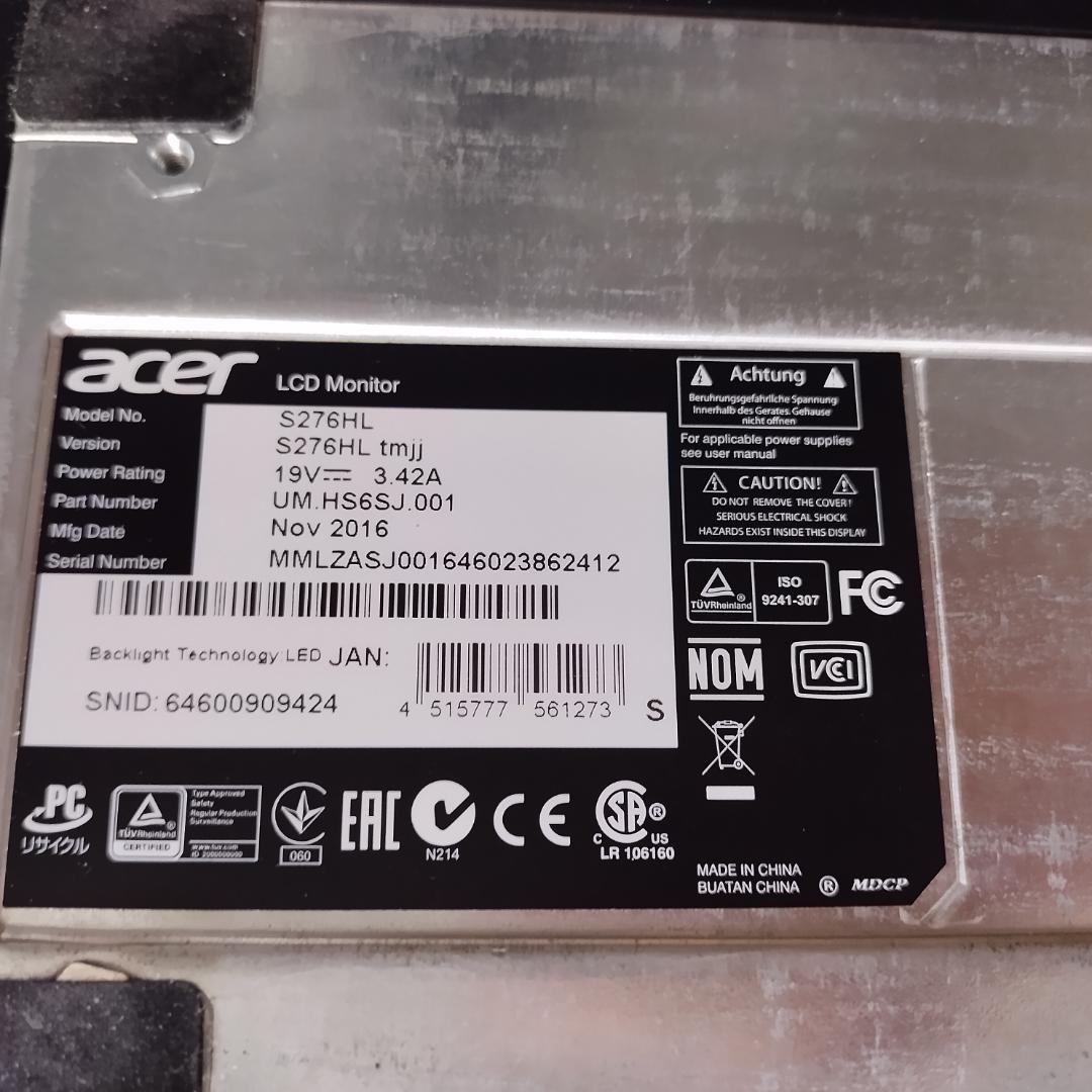 ACER エイサー PCモニター S276HLTMJJ 27インチ