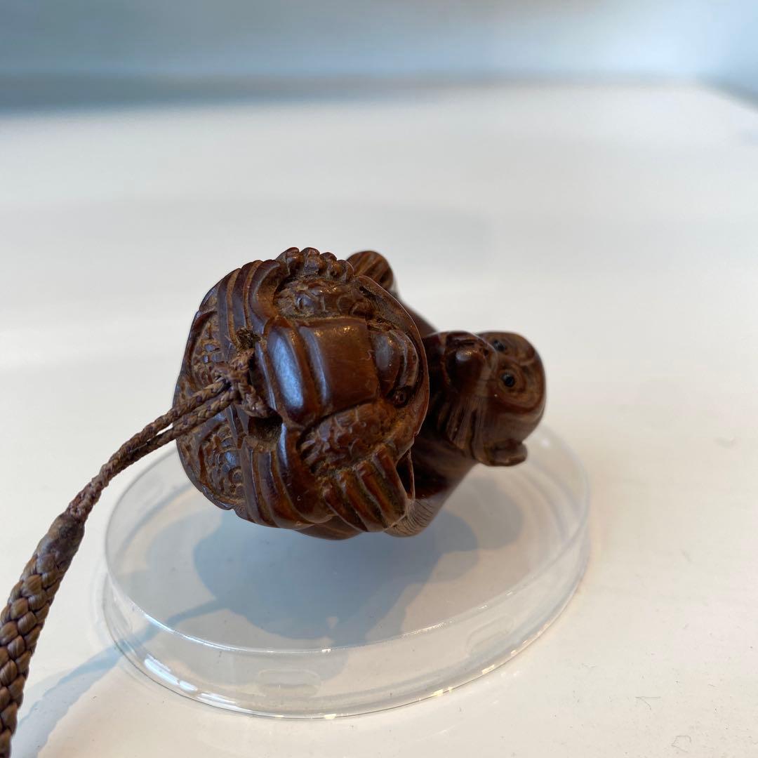 【「亀乗り猿」の根付】木彫 木彫り 置物 古玩 工芸品 骨董品